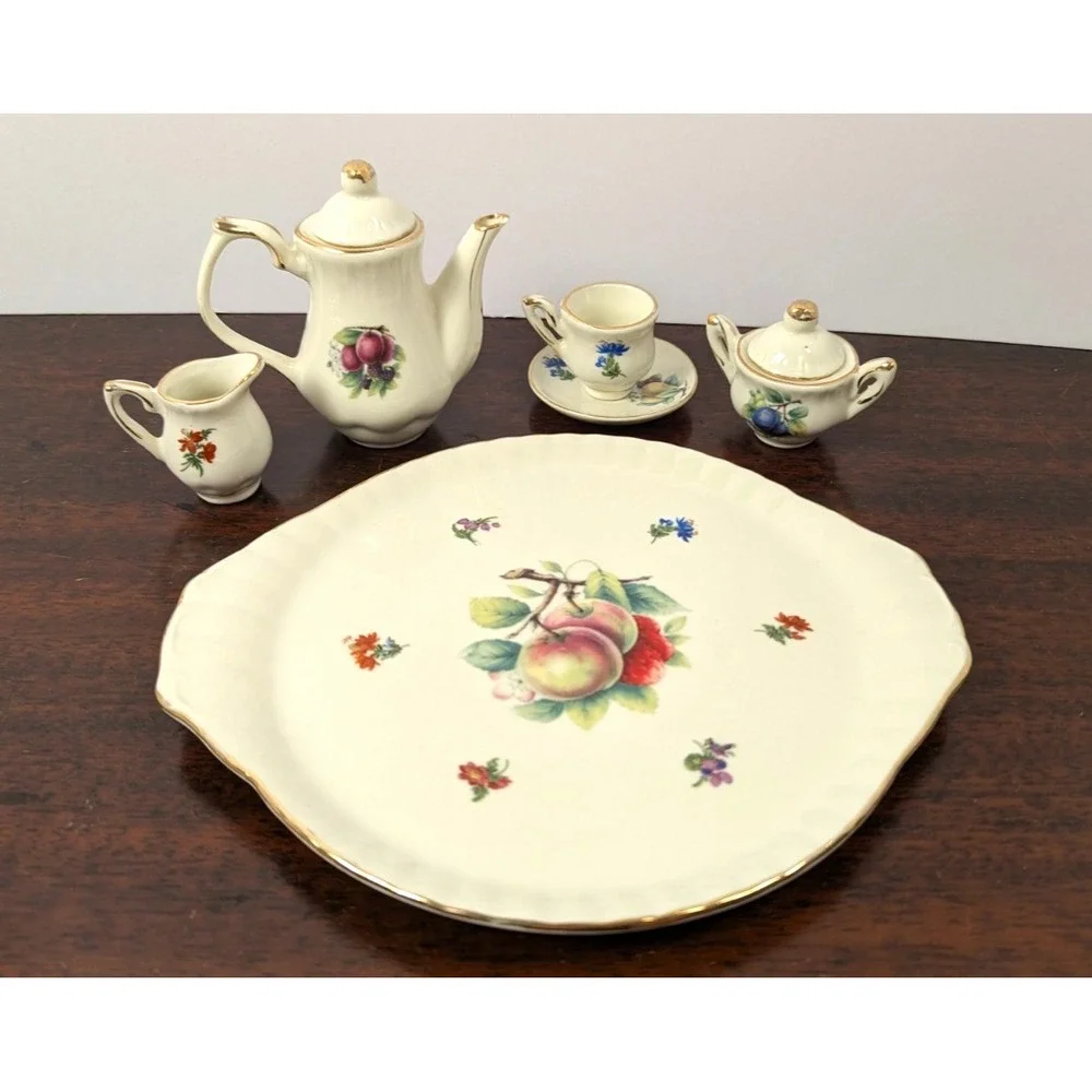 Miniature Porcelain Tea Set Fruit Floral Gold Trim 8pc Tray Teapot Creamer Sugar